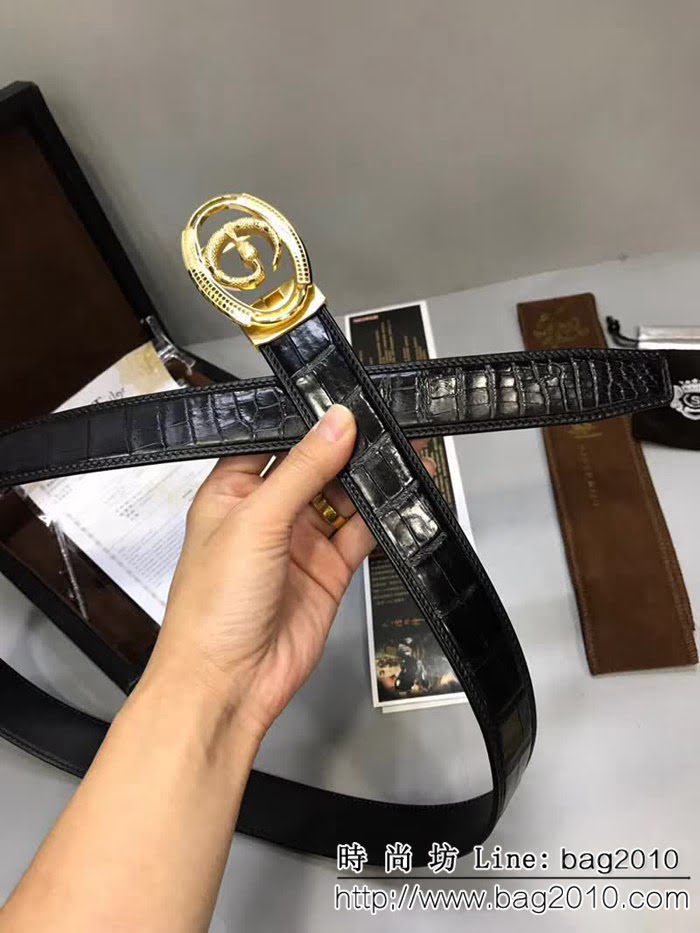 古馳CUCCI 2018款 野生真鱷魚無拼接肚皮包邊自動帶 純手工高端男士皮帶 GHG1418